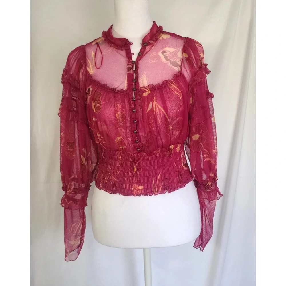 Free People Time For Shine Mesh Fuchsia Floral Smocked Cropped Blouse Top XS